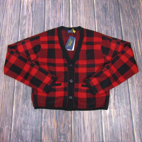 Polo Ralph Lauren Mens Small Red Tartan Plaid Wool Cardigan Sweater NEW